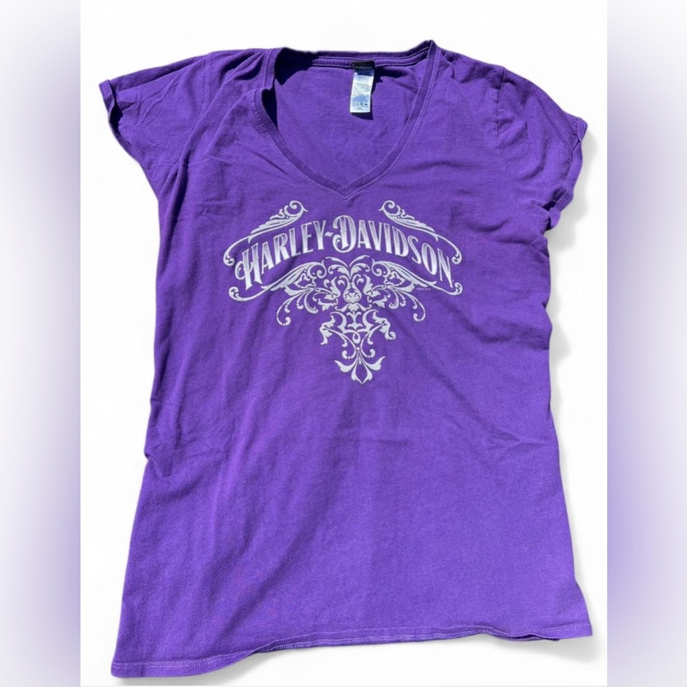 Y2K 2014 Harley-Davidson Purple V-Neck T-Shirt – Size 2XL